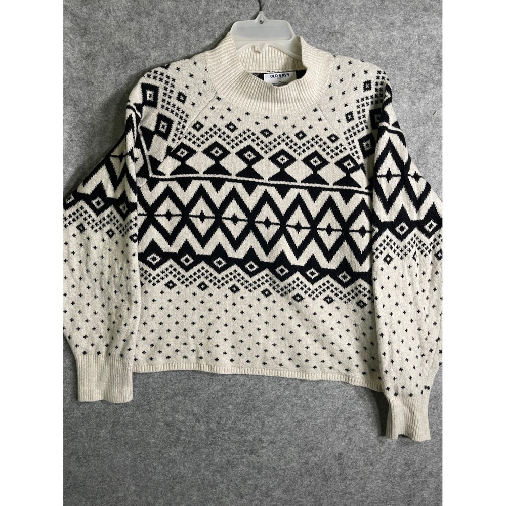 Old Navy Womens Mock Neck Fair Isle Sweater Black White Geometric Knit M